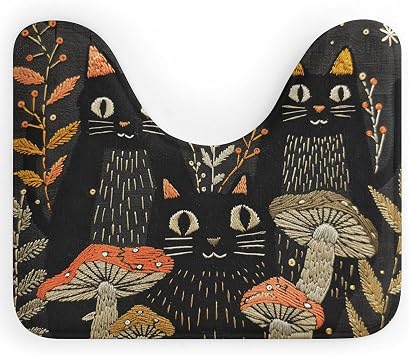 Cats and Mushrooms U-Shaped Toilet Bath Rug - 20x16 Inch Non-Slip Contour Bath Mat, Super Absorbent Microfiber Bathroom Floor Mat for Toilet Base, Soft Quick-Dry Carpet for Bathroom Decor