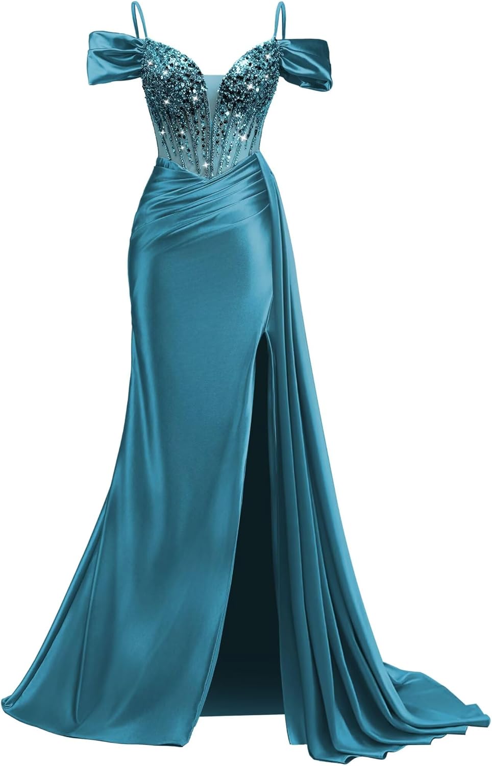 Rjer Off The Shoulder Satin Prom Dresses Long with Slit Tail 2026 Beaded Pleated Evening Ball Gown for Women Formal