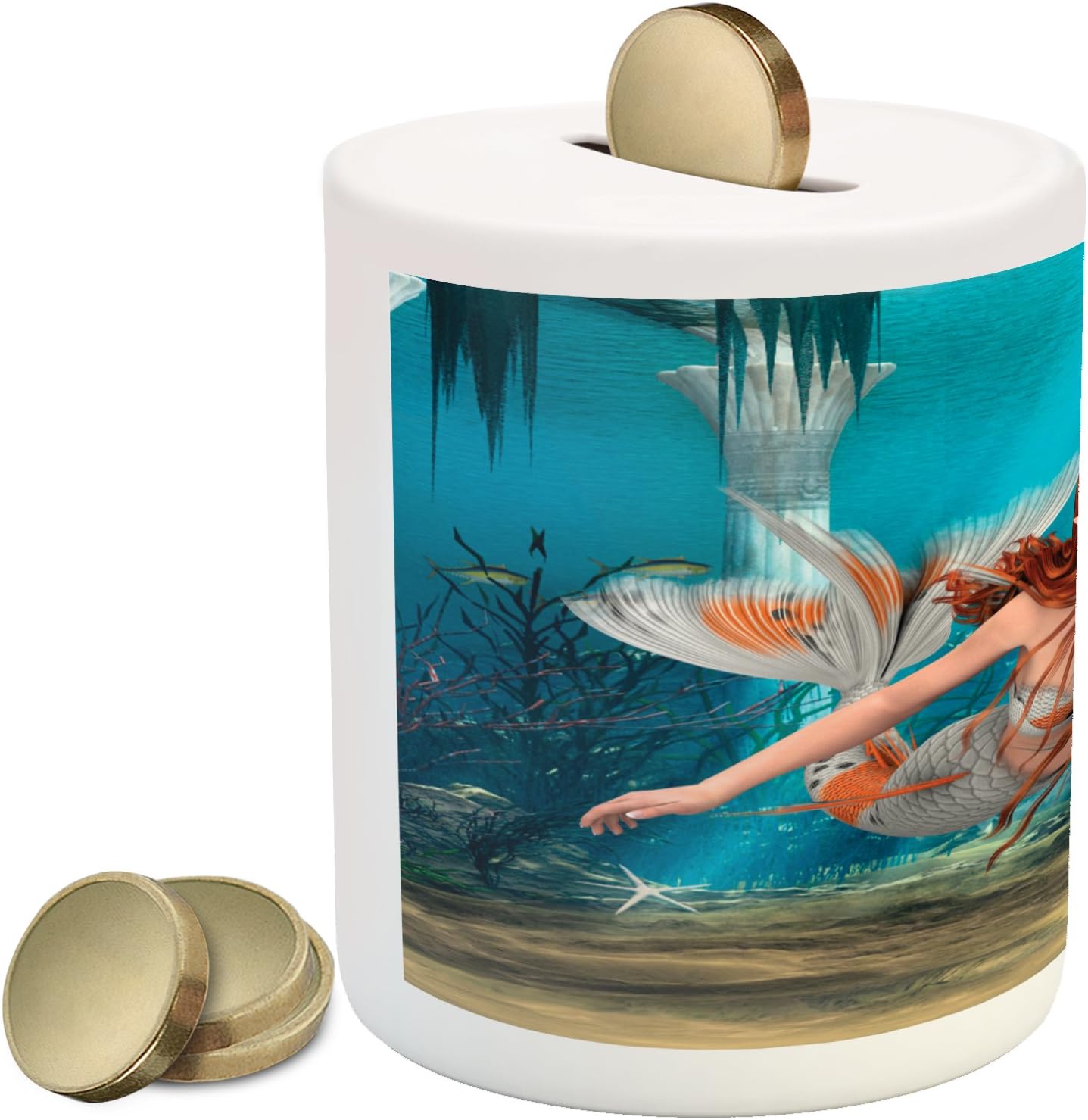 Ambesonne Mermaid Piggy Bank, Lifelike Mermaid Holding a