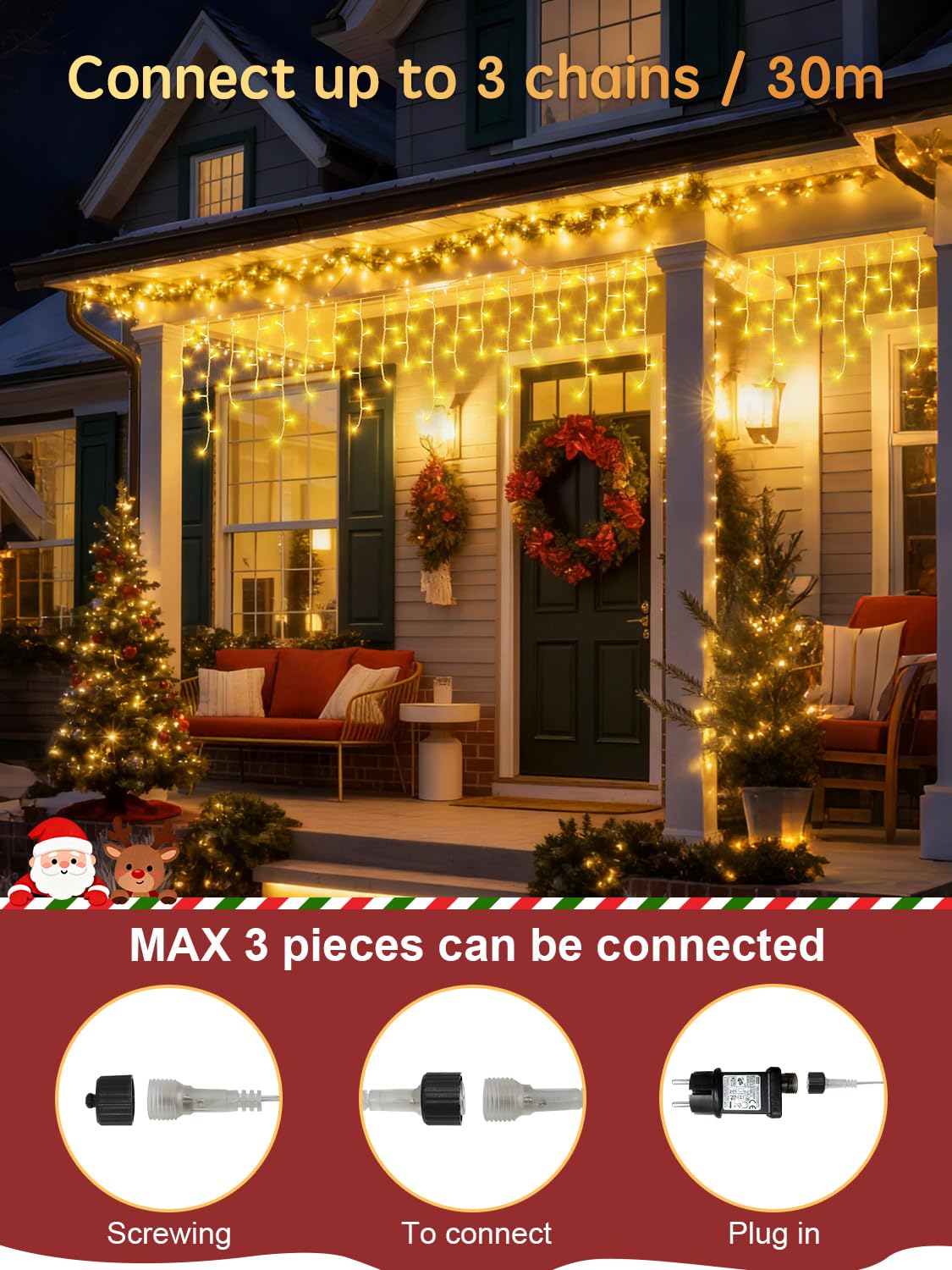CGN Cortina Luces Navidad Exterior, Conectable 10M 400LED Luces Arbol Navidad Decoración de IP65 Impermeable con 8 Modos Memoria, luzes de natal exterior para Fiestas Bodas Jardín Balcon Ventana