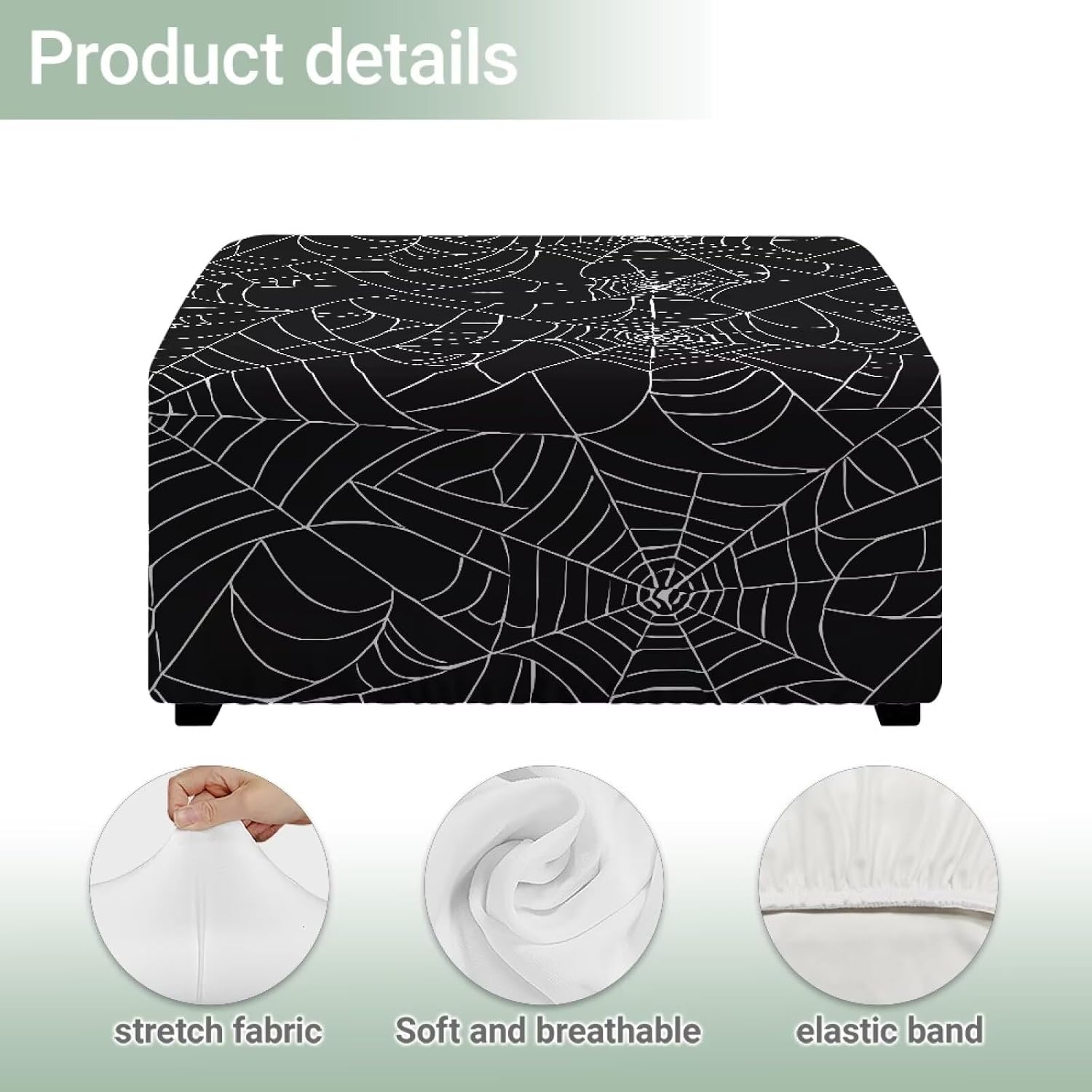 Ottoman Cover Square, Spider Web Stretch Square Ottoman Slipcover Gothic, Goth Storage Foot Stool Covers with Elastic Bottom Black
