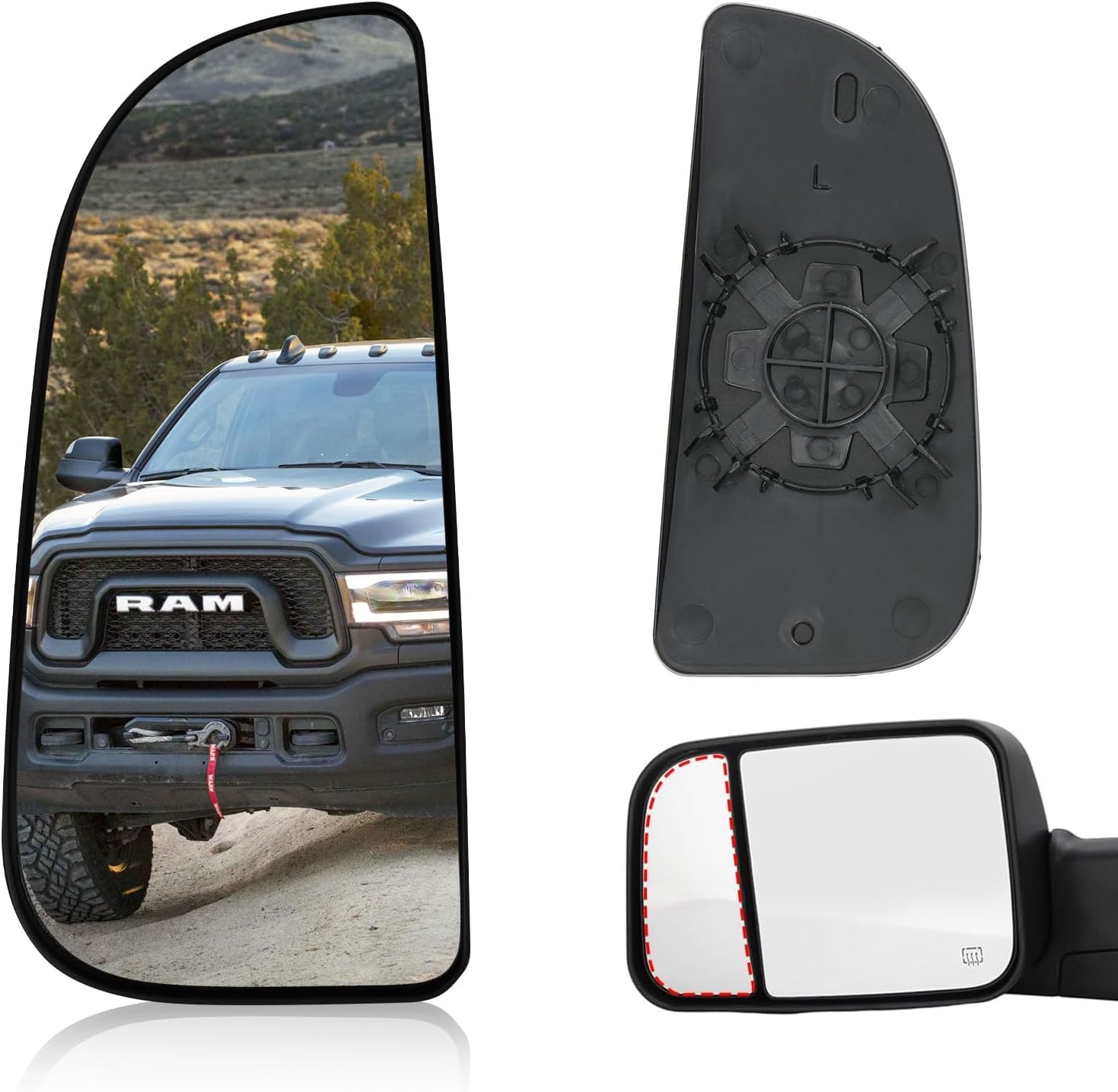 Left Driver Side Lower & Upper Mirror Glass Replacement for 2010-2020 Dodge Ram 1500 2500 3500 4500 5500, Towing Mirrors Convex Rearview Glass with Backing Plate