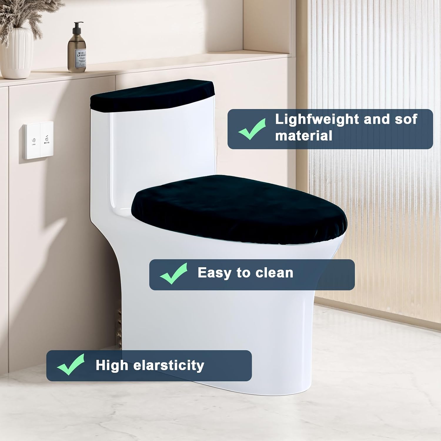 Toilet Seat Cover Black Toilet Lid Cover and Toilet Tank Cover Set, Universal Toilet Cover Set with Elastic Bottom for Bathroom Decor Accessories，Toilet Lid Cover and Toilet Tank Cover Washable