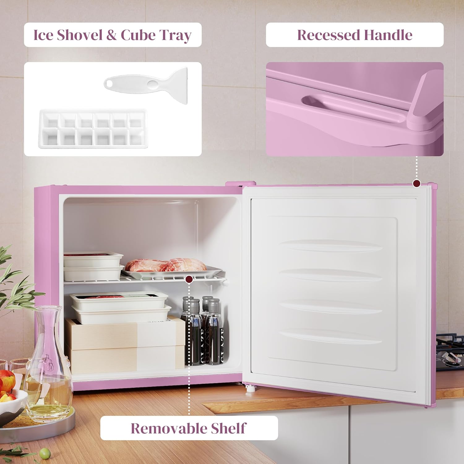 Included accessories: ice shovel and ice cube tray, along with the removable shelf and recessed handle of the freezer.
