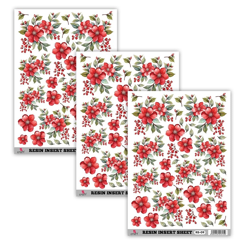 iCraft Resin Art Insert Sheets Alternative to Dried Flowers | Bright red and Pink Flower Bunches with Detailed Leaves for Coasters, Trays, and Jewelry (RS 09-Pack of 3)-image-9