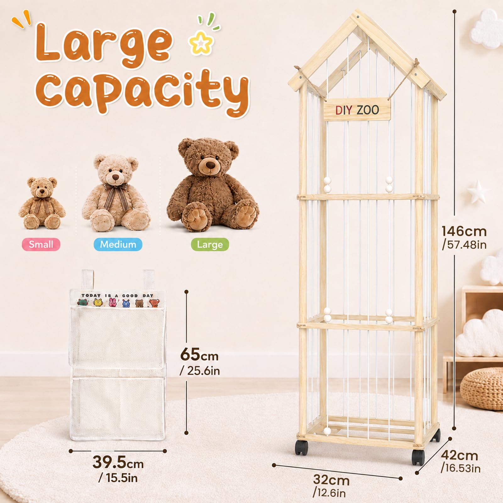 Kuscheltier Aufbewahrung, Stofftier Aufbewahrung 146 * 42 * 32cm Plüschtier Lagerung für Kinderzimmer, Spielzimmer, Schlafzimmer, Kinderzimmer Mit Aufbewahrungsbeutel(mit Dach)