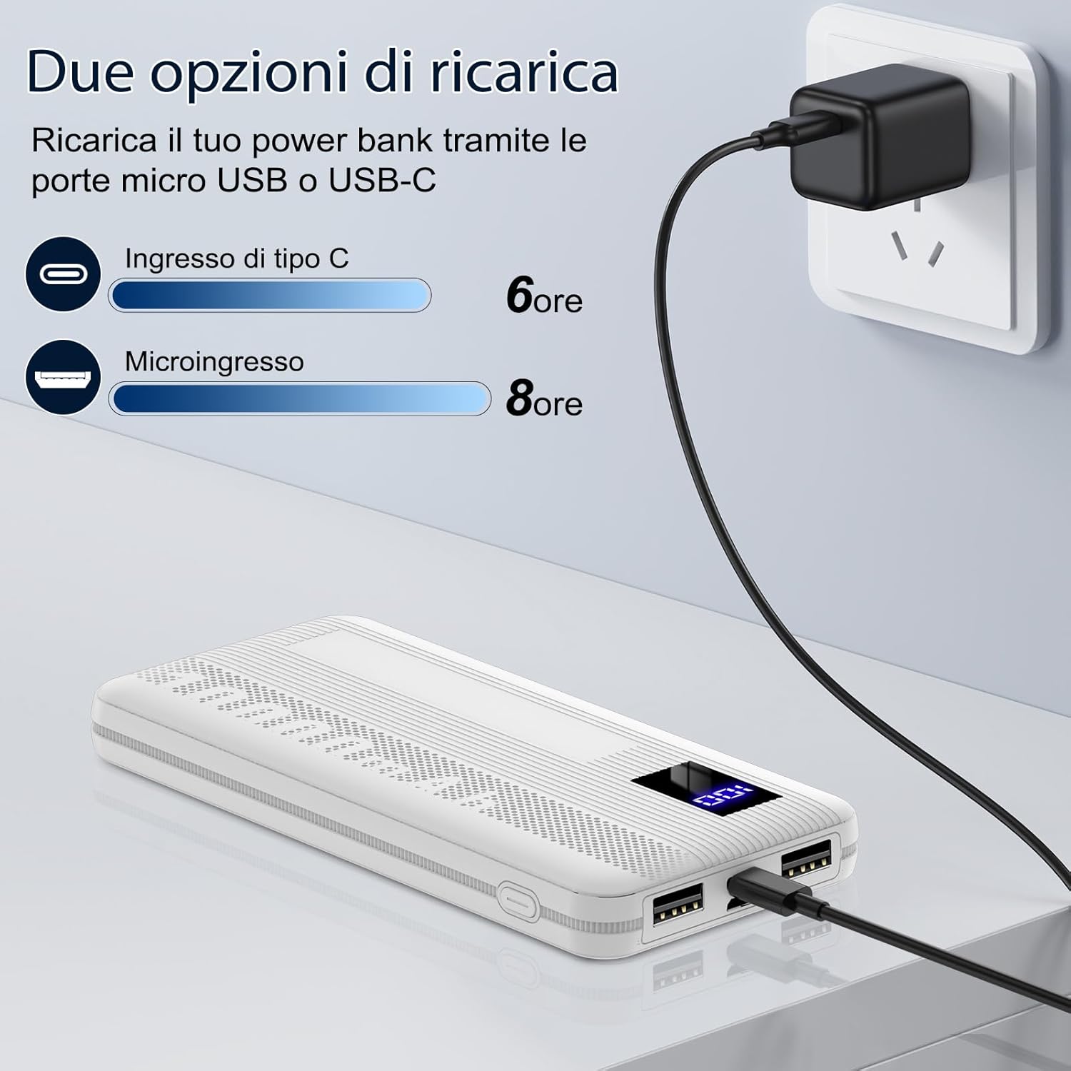 Dbasne Power Bank, 10000mAh powerbank,15W compatta Caricatore Portatile, con USB Input (USB C) & Output Batteria Esterna con Display Digitale LED per iPhone Samsung Huawei Xiaomi ecc(2024 Bianco) - Immagine 4