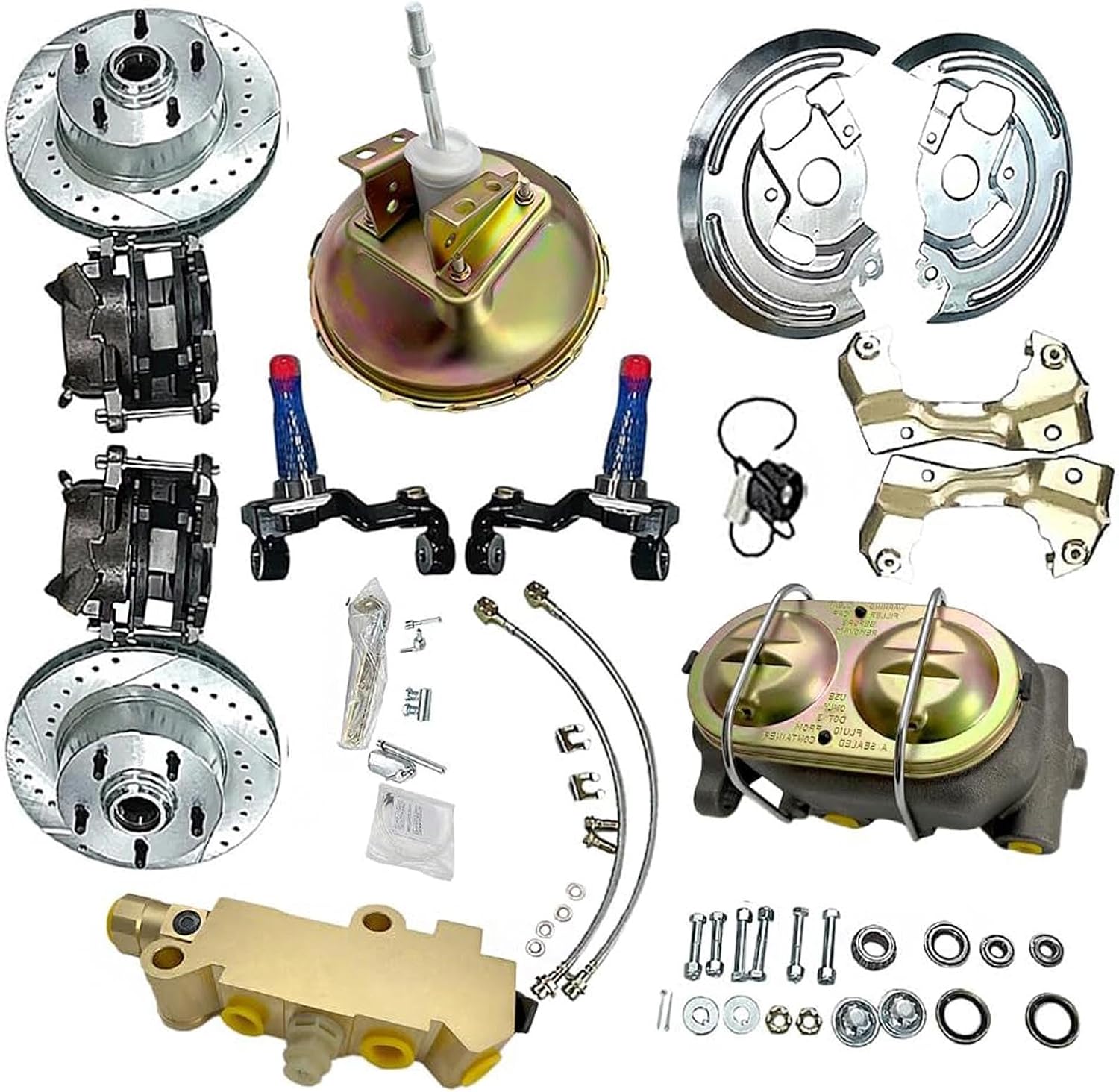 Complete Front Disc Brake Kit Brake Calipers, 11" Brake Booster Conversion Kit w/Brake Rotors,Brackets & Proportioning Valve Compatible with Chevy Camaro Nova Chevelle