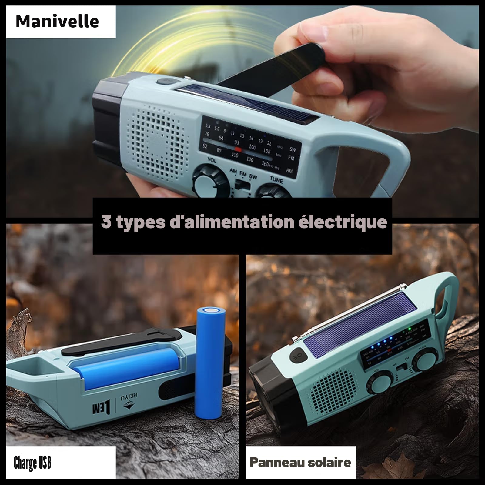 Radio Solaire, Radio Portative Manivelle AM/FM Radios Portable Urgence, Torche LED Batterie Rechargeable 2000mAh Chargeur de Téléphone USB Alarme SOS pour Camping, Plein air Randonnée