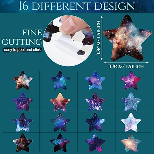 Miniatura 2 de Zonon 800 calcomanías de estrella grandes de 1.6 pulgadas a granel para recompensa (16 diseños), calcomanías de estrella con purpurina de colores