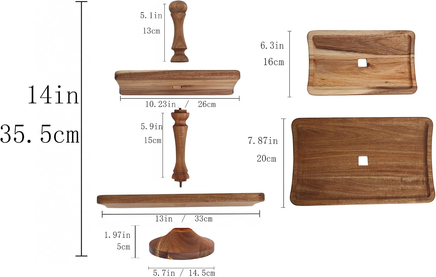 Acacia Wood 2 Tiered Serving Tray, Rectangular Farmhouse Tiered Stand Cake Holder, Space-Saving Rectangle Cupcake Display for Coffee Bar, Seasonal Festive Decor Items