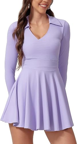 ABEHIK Women's Tennis Dress 2-in-1 Golf Dresses with Built in Shorts Long Sleeve