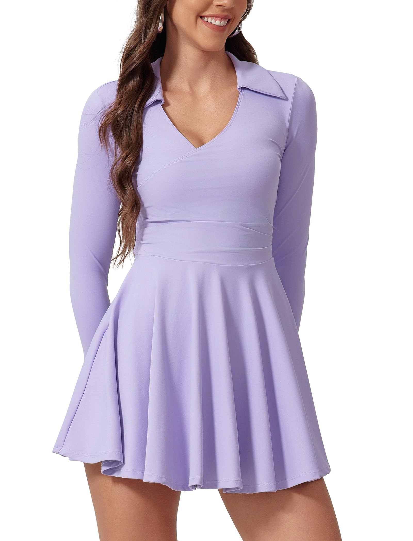 IDOPIP Robe de tennis à manches longues pour femme - Avec soutien-gorge et short intégrés - Mini robe d'été sexy - Col en V - Robe polo avec poche - Jupe de tennis - Combinaison de sport pour