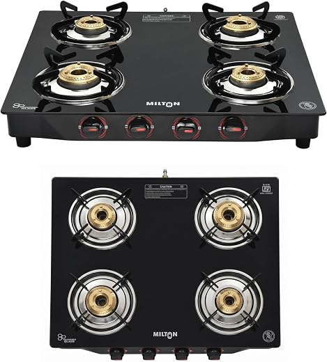 6. Milton Premium 4 Burner Black Glass Top Gas Stove, Manual Ignition LPG Stove - (ISI Certified, Door Step Service)