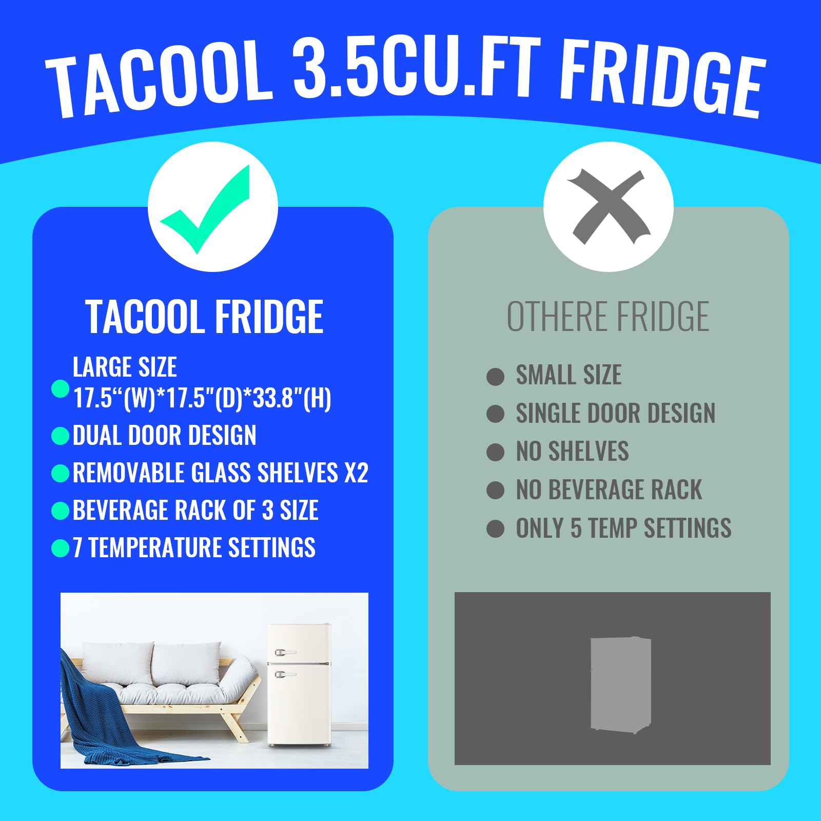 Tacool Mini Refrigerator With Freezer Small Fridge Double Door Side Drink Holder Adjustable Glass Shelves, Plastic Crisper, 7 Level Temperature Control For Bedroom, Office, Apartment White on Fridge.com - View 6