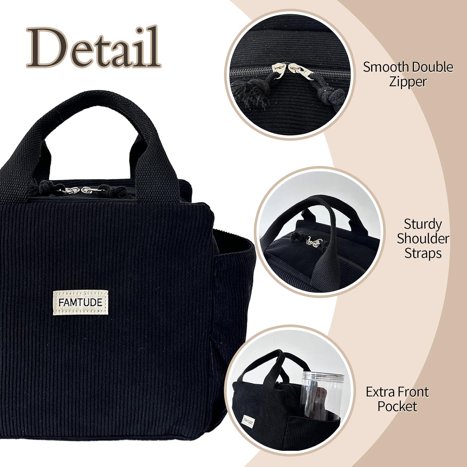 Corduroy Lunch Bag for Women Men Cute Lunch Tote Bags Reusable Insulated Lunch Box Large Capacity Reusable Insulated Cooler for Work Picnic/Travel/Office (Corduroy Black)