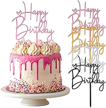 Pack of 4 Happy Birthday Cake Decorations, Acrylic Cake Decoration, Happy Birthday Cake Toppers, Reusable (Gold, Silver & Black) for Birthday Parties, 14.5 x 10 cm