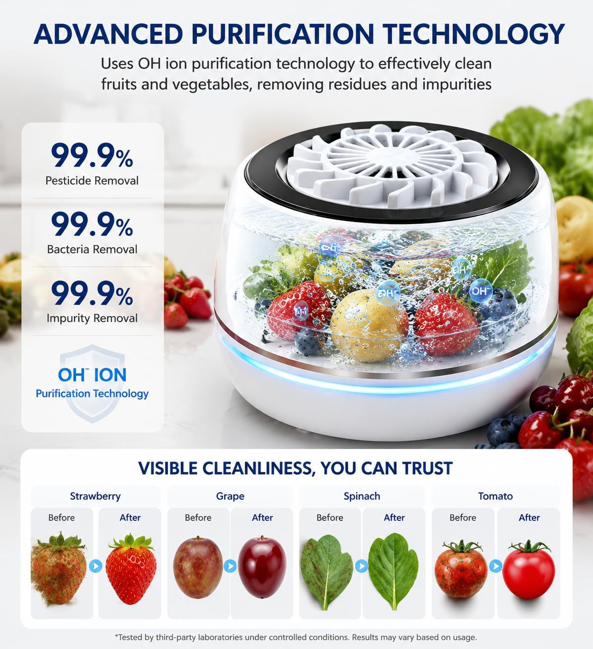 Fruit and Vegetable Washing Machine, Rotatable Purifier with Water Rotator and OH Ion Purification Technology, Automatic Fruit Cleaner Device