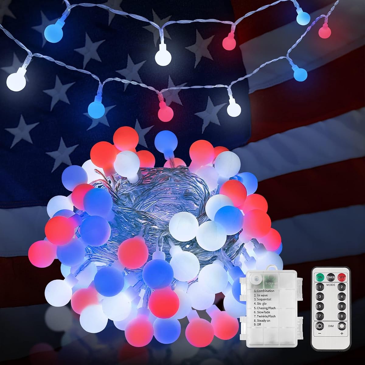 Suddus Red White And Blue Lights, 100 Led Battery Powered String Lights, Globe