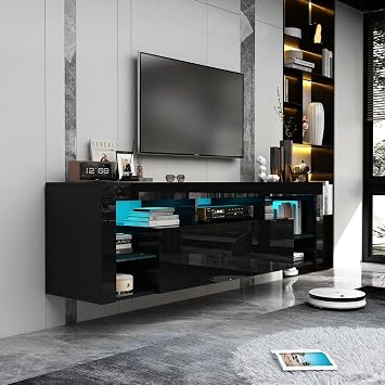 Gitua 63 in Floating TV Stand Wall Mounted, High Gloss LED Floating Entertainment Center with Storage&Adjustable Glass Shelf, TV Stand for TVs up to 75 Inch, Gaming Media Center Console Table, Black