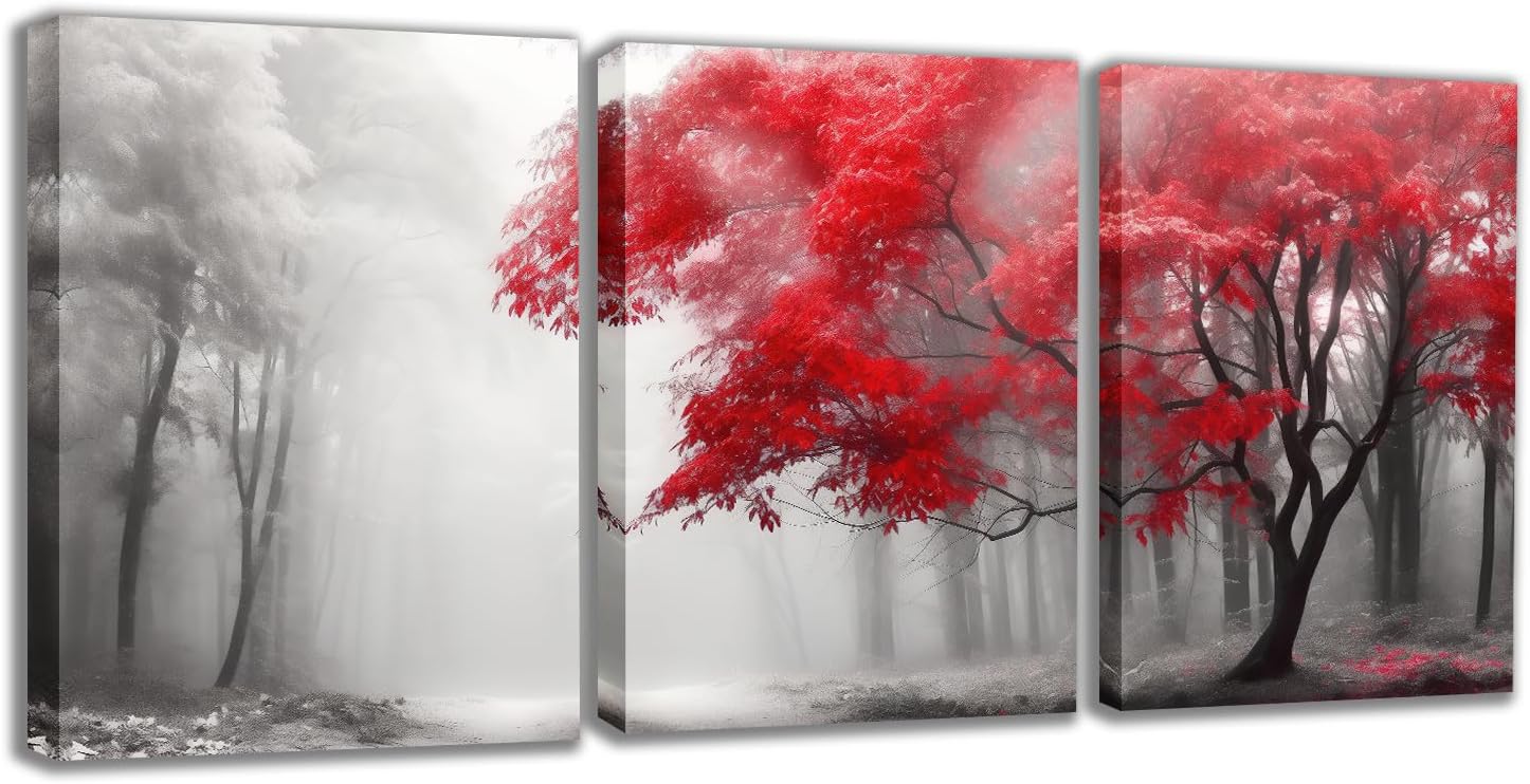 Foggy Forest Canvas Wall Art, Red Tree in Misty Forest Paintings Pictures Nature Landscape Posters Prints for Living Room Study Decor Set of 3(Artwork-02, 12"x16")