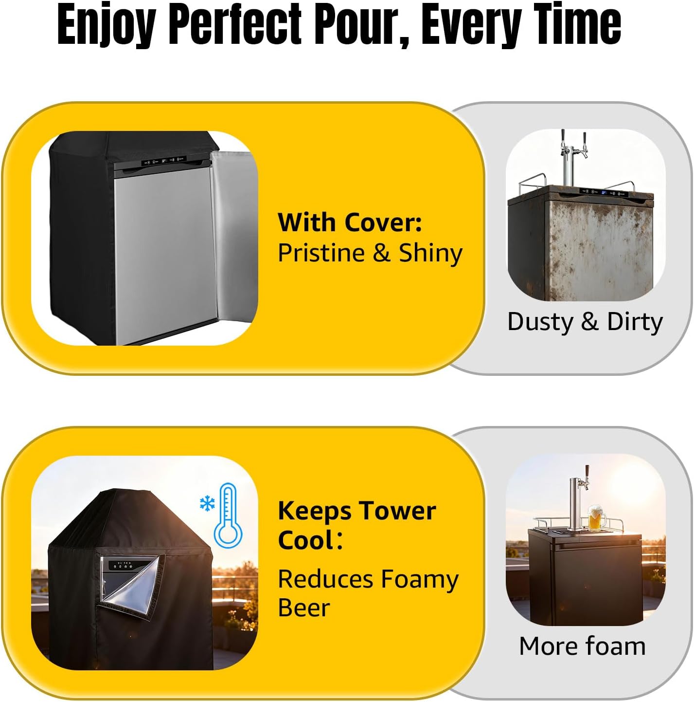 MRbrew Kegerator cover, Waterproof Kegerator Beer Tower Cover 420D Silver-Coated Oxford Fabric Single/Double Tap Draft Beer Tower Cover with hook-and-loop & Drawstring fit Outdoor or Indoor Dustproof