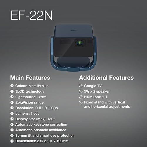 Epson EF-22N | Mini Smart Full HD Potable Laser Projector | Google TV | 5W Bluetooth Speaker | 3LCD Technology | 1,000 Lumens | 150'' Display | Indoor/Outdoor Use | Midnight Blue - 4