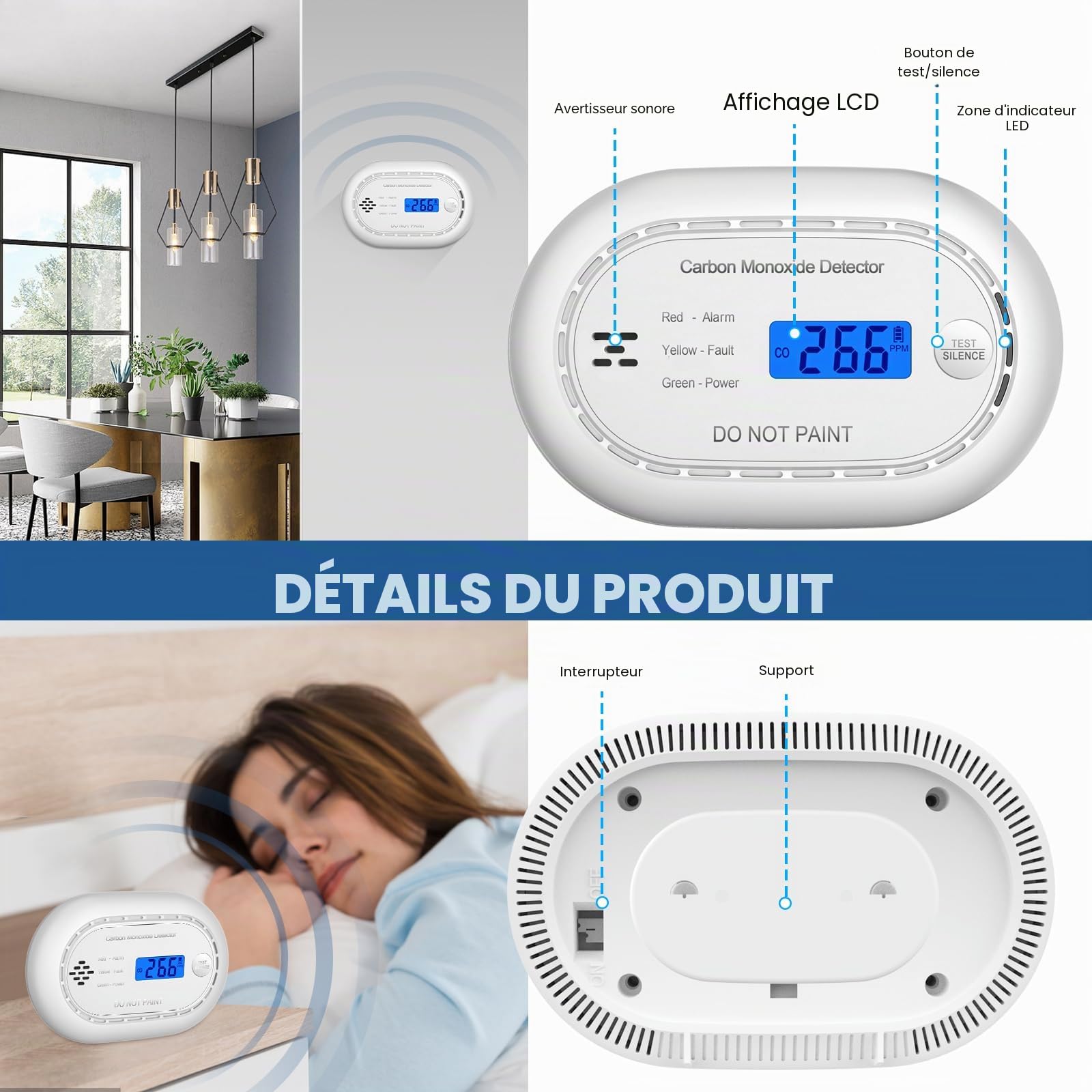 Détecteur de monoxyde de carbone avec écran numérique LCD, alarme de CO certifiée CE avec batterie scellée en 10 ans, détecteur de CO sonore autonome pour la maison, noir, 1 paquet