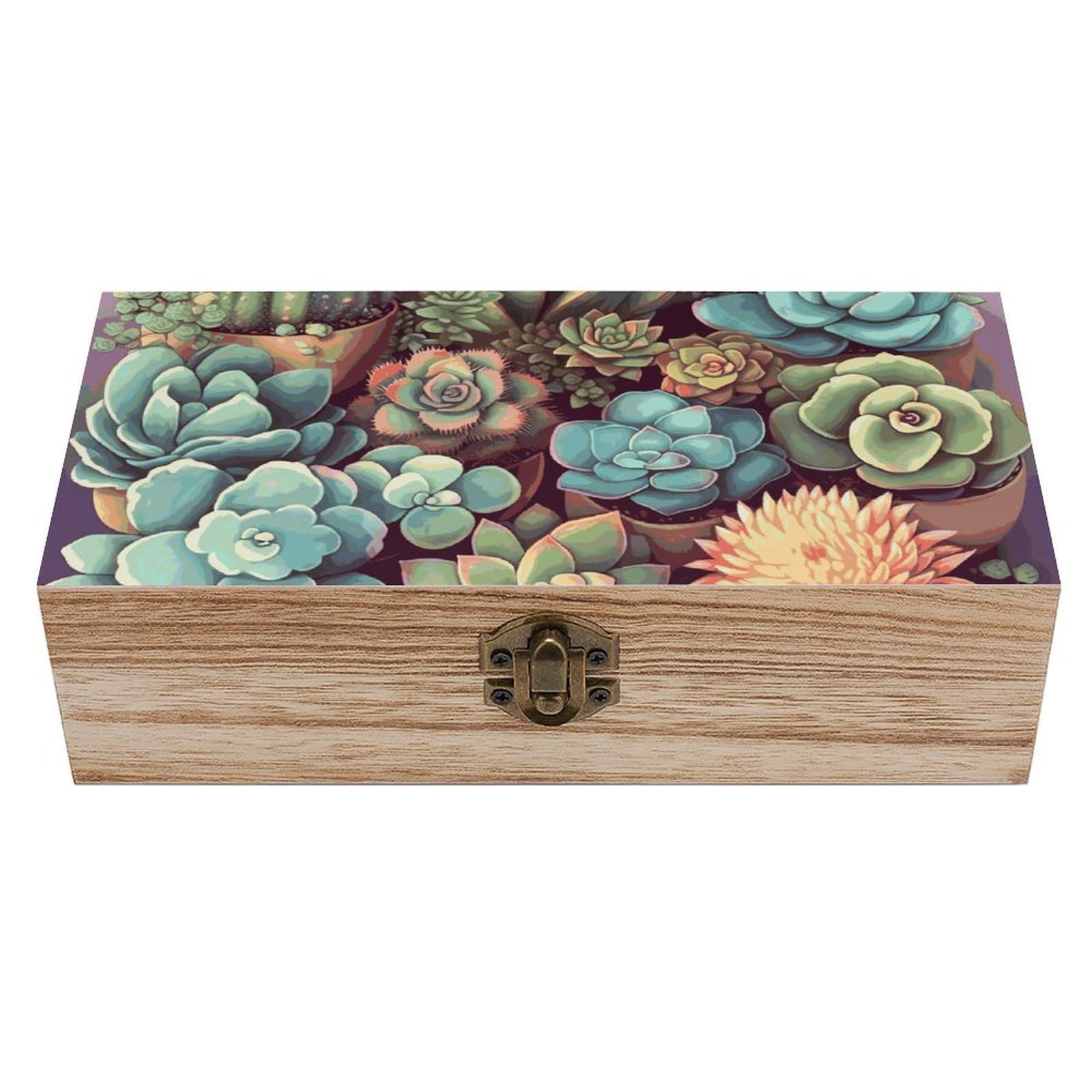 Cute Succulents Wooden Storage Box Exquisite Durable Wood Gift Case Sturdy Vintage Jewelry Wooden Chest for Art Hobbies Storage Keepsake Gift
