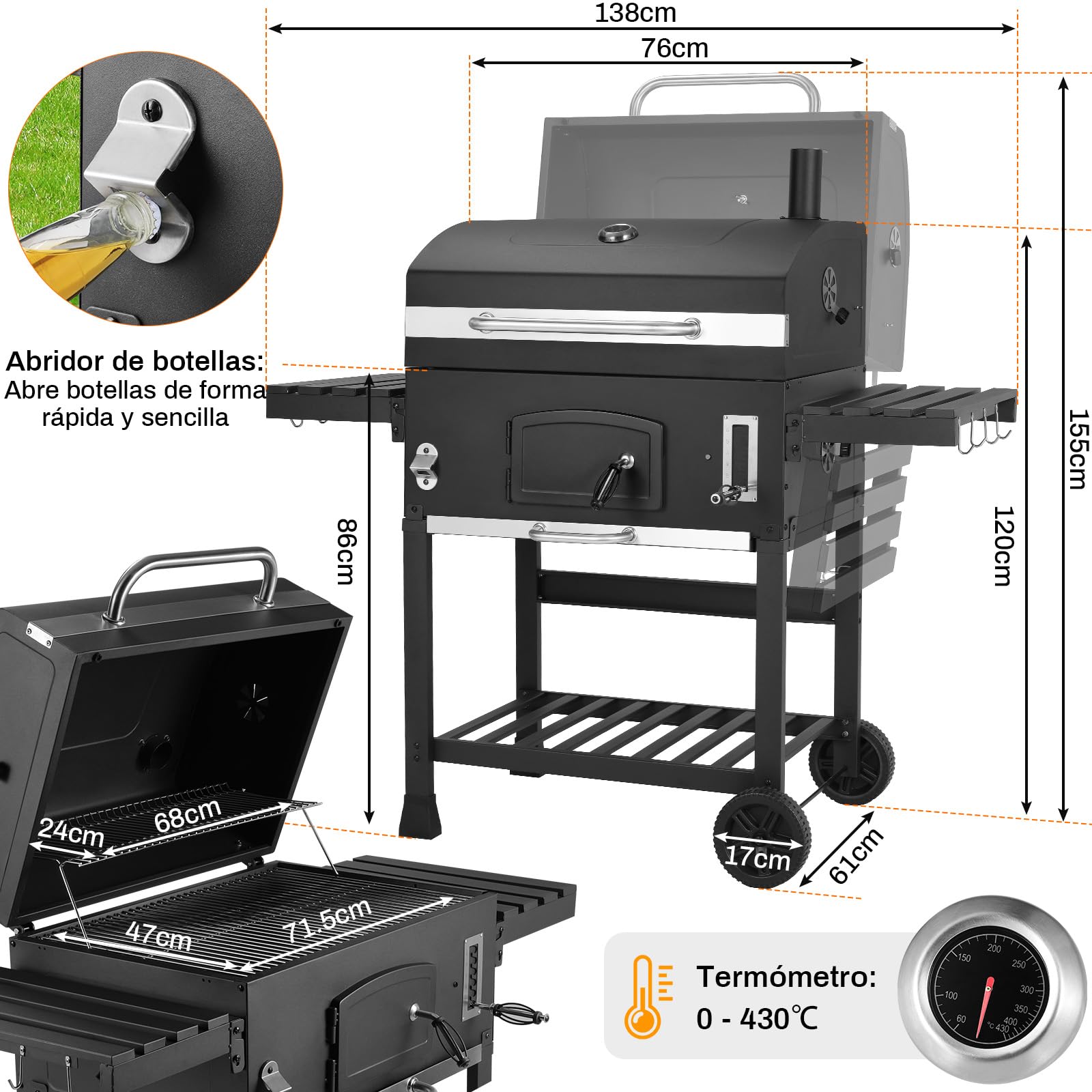 LIFERUN Barbacoa de Carbon XXL, Parrilla de Carbón con Chimenea y Tapa, Parrilla con Carrito BBQ Smoker con Ruedas y Termómetro, Grande BBQ Carbon para Camping y Jardín