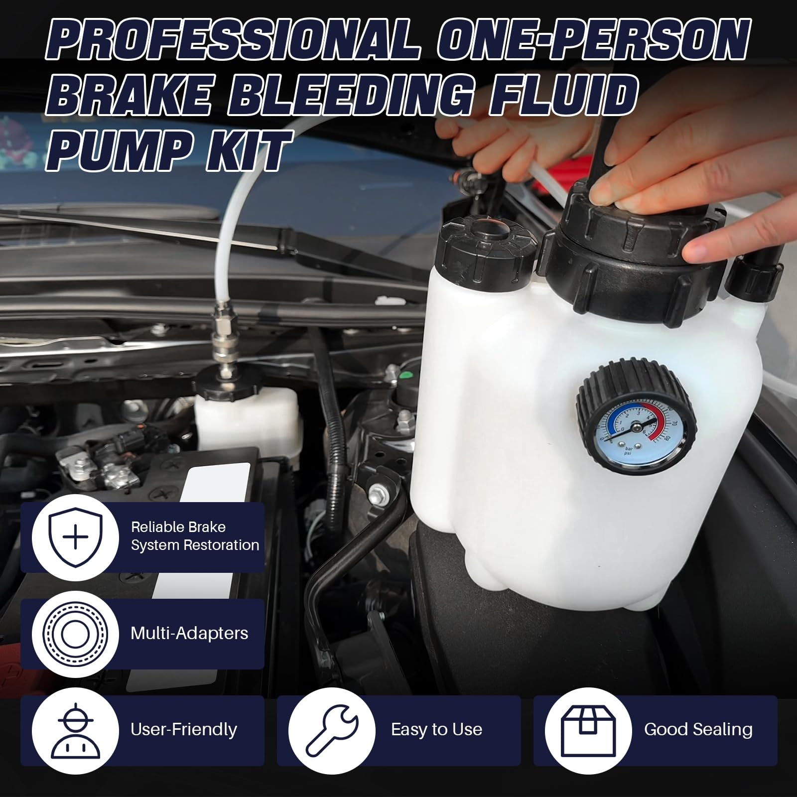 DASBET Kit spurgo freni manuale da 3 l, pompa professionale per lo spurgo dei freni con bottiglia da 1 l e 4 adattatori per cilindro principale, ideale per la manutenzione di freni e frizione sulla