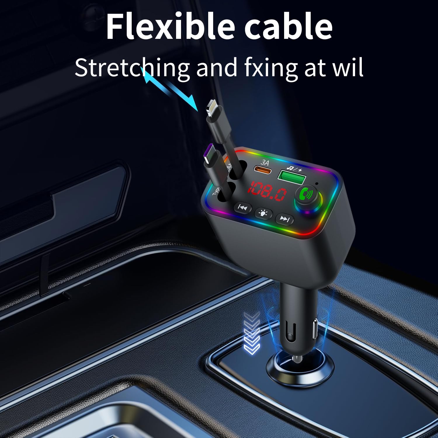 Vitog Retractable Car Charger, Wireless BT 5.3 FM Transmitter 100W USB C 4 in 1 Fast Car Charger Adapter,iPhone 16 Fast Charging-for iPhone 16 15 14 13 12 Android