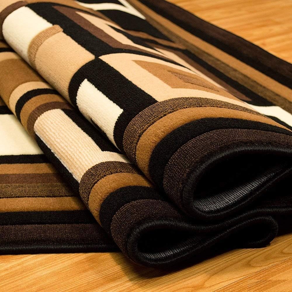 Black and Mocha Modern and Contemporary Carved Rectangular Accent Rug with Ivory and Espresso Geometric (2’ X 3’)