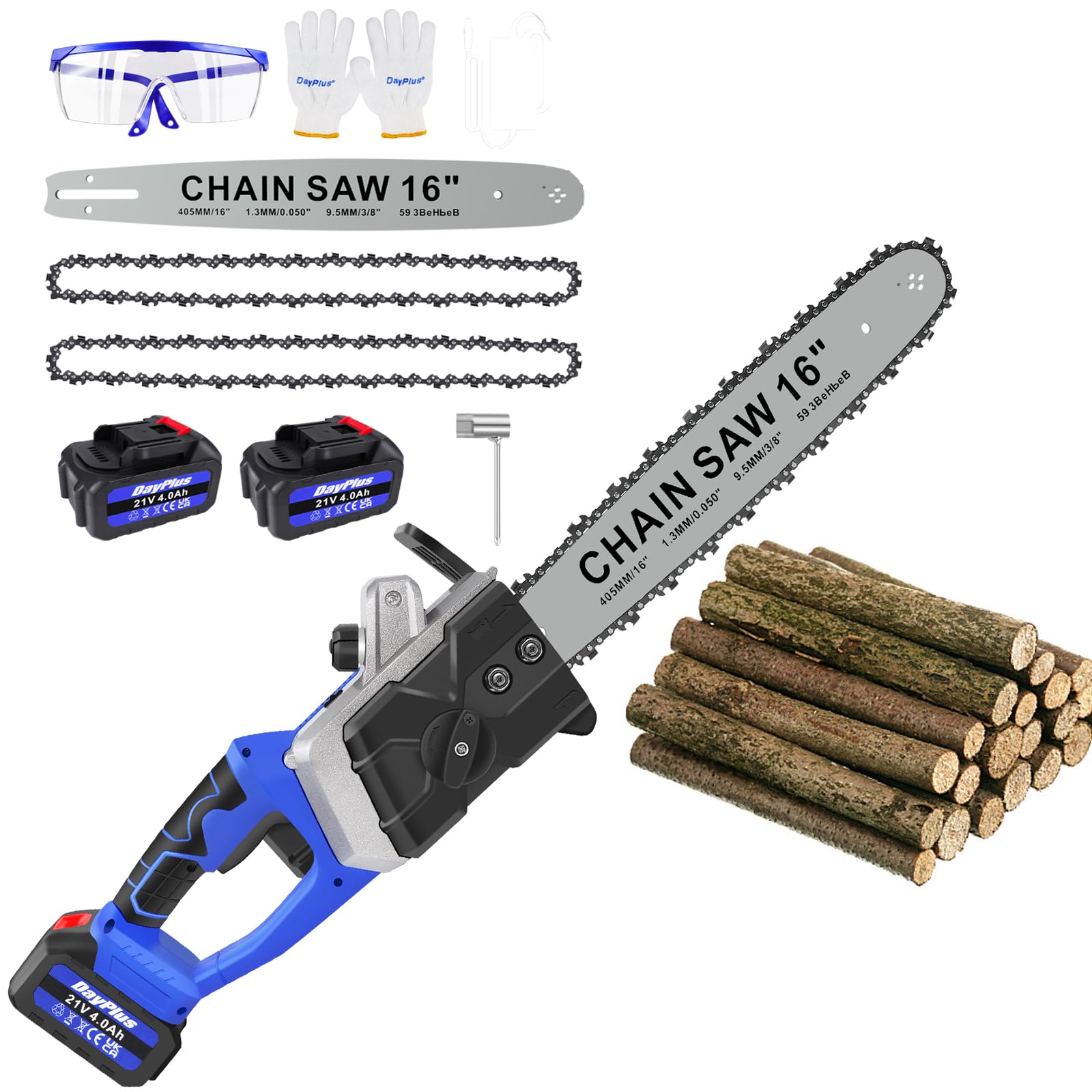 Motosega a batteria da 16 pollici, motosega a catena senza fili con potenza di 1200 W, tagliarami elettrico con 4000 mAh x 2 batterie per tagliare legno, taglio alberi