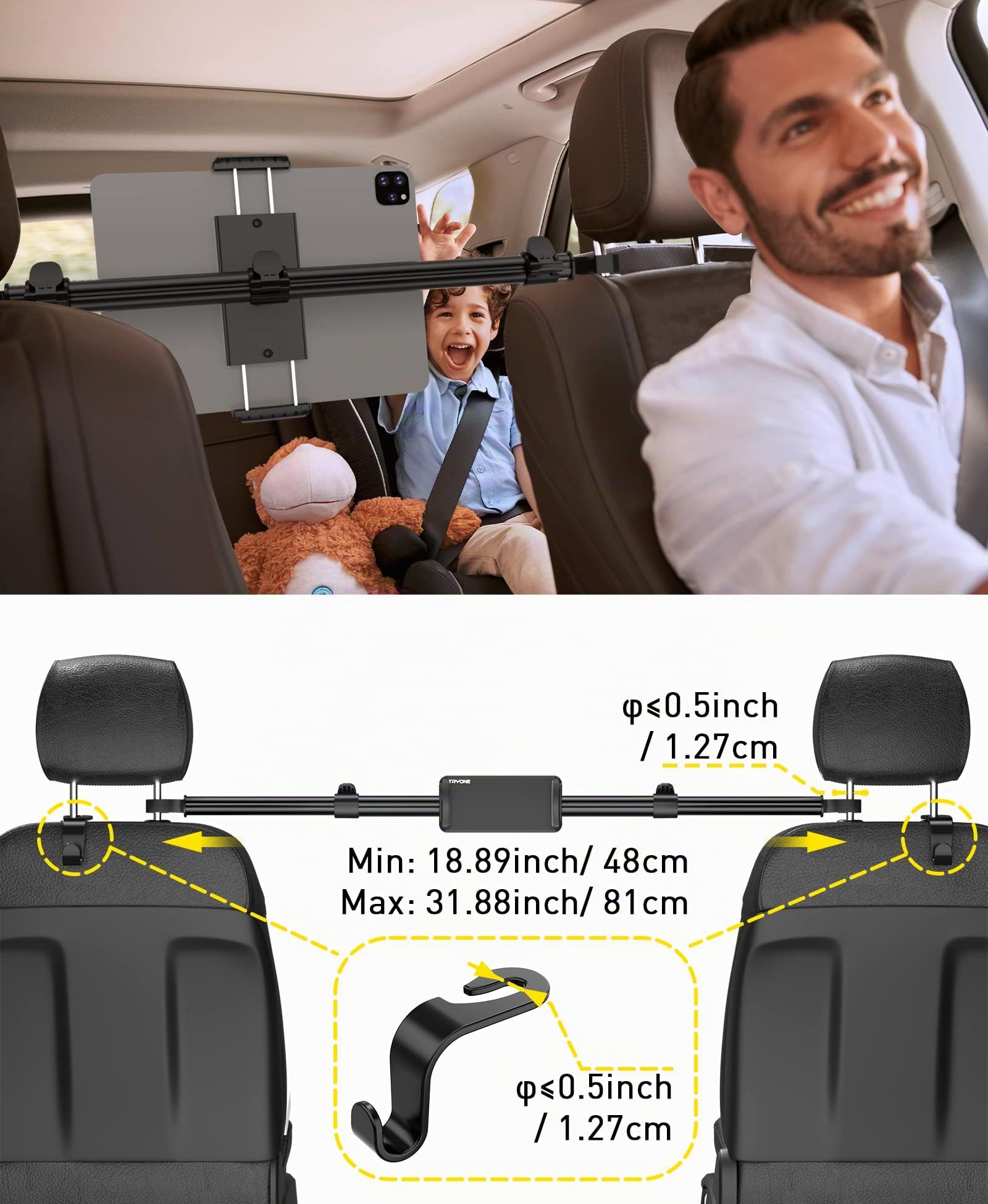 TRYONE Support Tablette Voiture Center Support de Tablette de Voiture Universel réglable pour iPad Series/Samsung Galaxy Tabs/téléphones Portables Appareils de 4,7 à 12,9 Pouces/avec 2 Crochets
