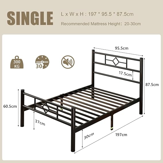FEONASE 3Ft Metal Single Bed Frame with Headboard & Footboard, Single Bed Frame with Solid Metal Slat Support, Underbed Storage, Easy Assembly, Black