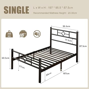 FEONASE 3Ft Metal Single Bed Frame with Headboard & Footboard, Single Bed Frame with Solid Metal Slat Support, Underbed Storage, Easy Assembly, Black