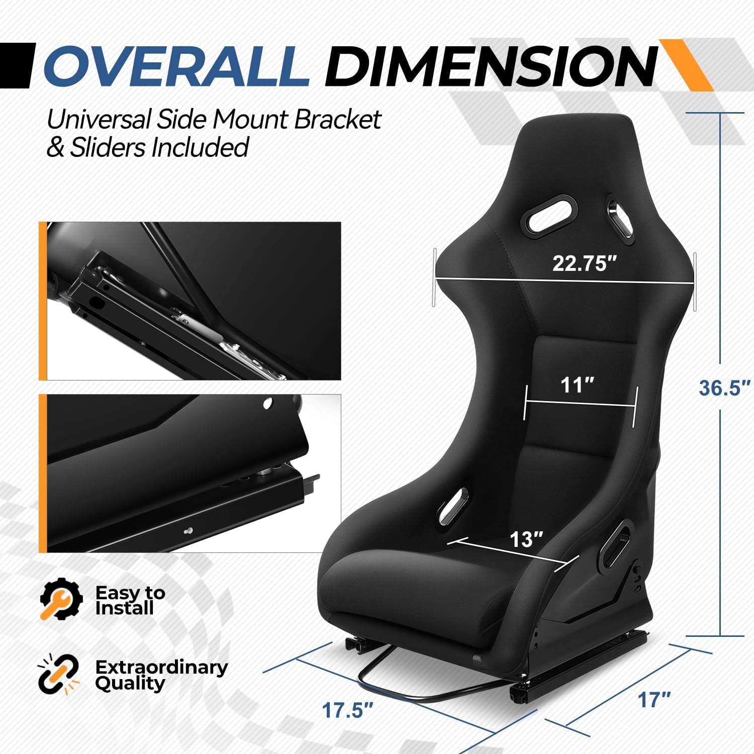 Auto Dynasty Pair of Racing Seats Universal Fabric Fiexed Position Style Bucket Seat With Adjustable Sliders, 22" W X 22" D X 32.5" H, Driver and Passenger Side, Black