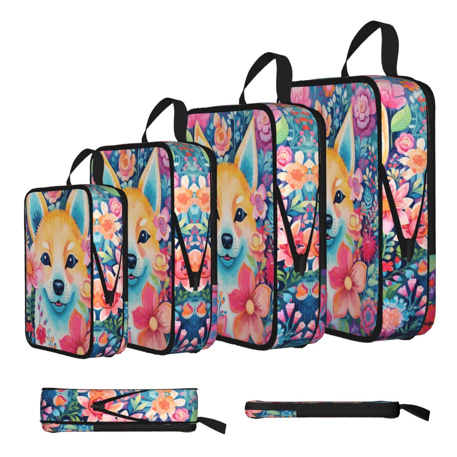 Sxzvvbn Black Fox Surrounded By Flowers Compression Packing Cubes 4 Piece Set