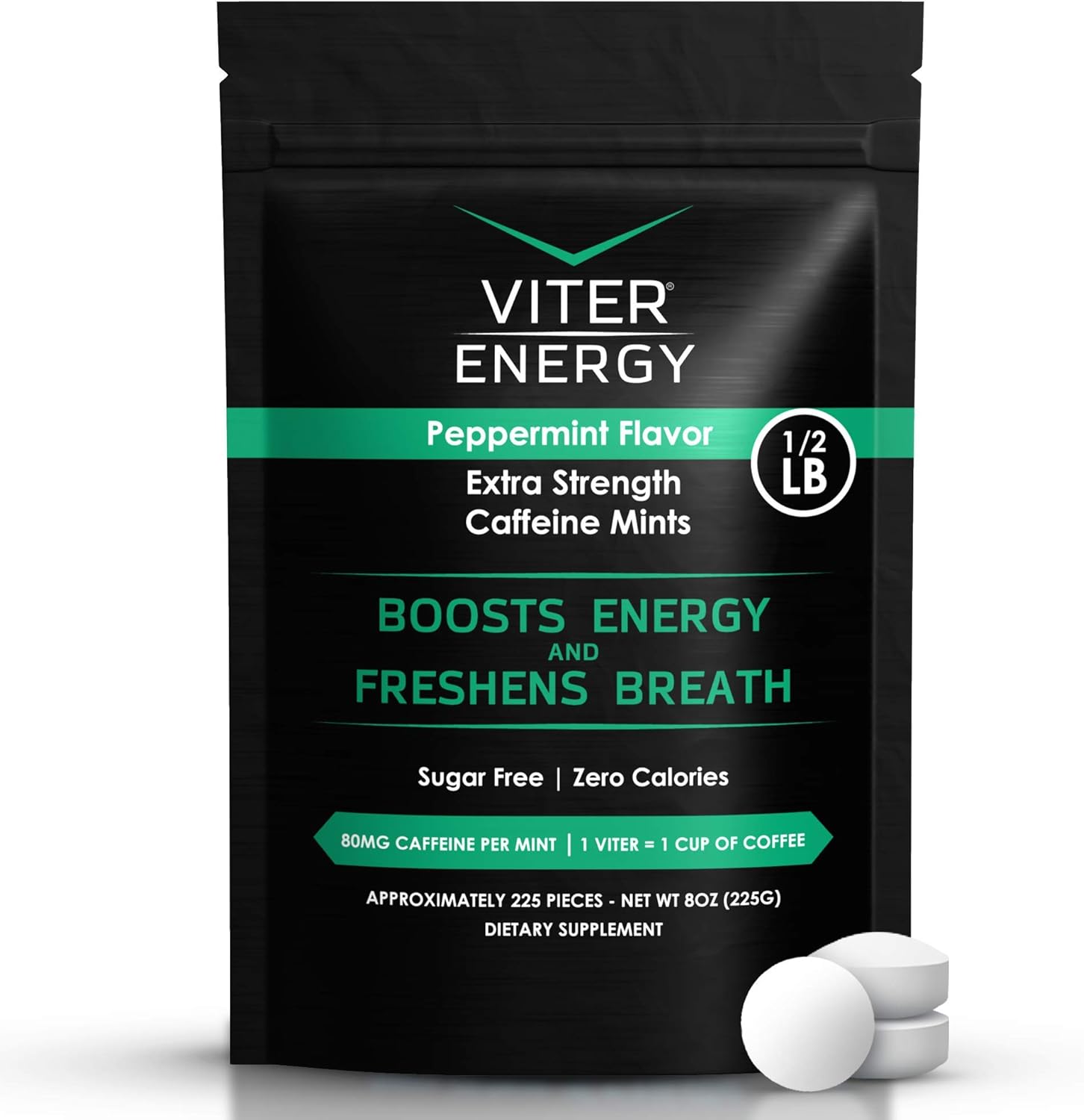 Viter Energy Caffeinated Mints (80mg) – Sugar Free, Peppermint 8oz