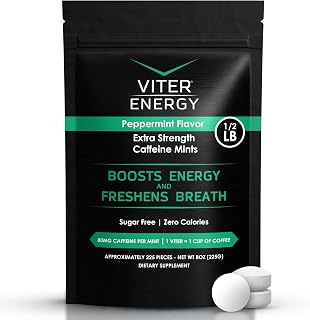 Viter Energy Extra Strength Caffeinated Mints 80mg Caffeine, B Vitamins, Sugar Free. (Peppermint, 8oz, Bulk Bag)