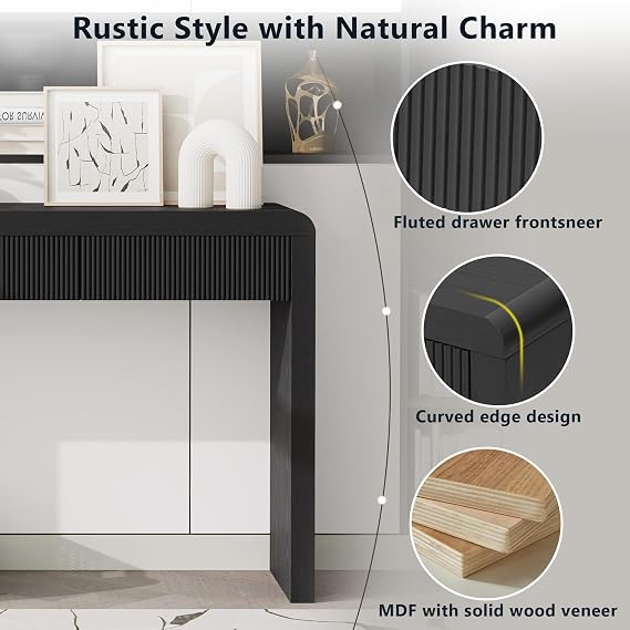 Rustic Console Table with 3 Fluted Storage Drawers and Featuring Natural Wood Grain,Solid Wood Veneer Sofa Side Table for Living Room Entryway Hallway (Black-002)