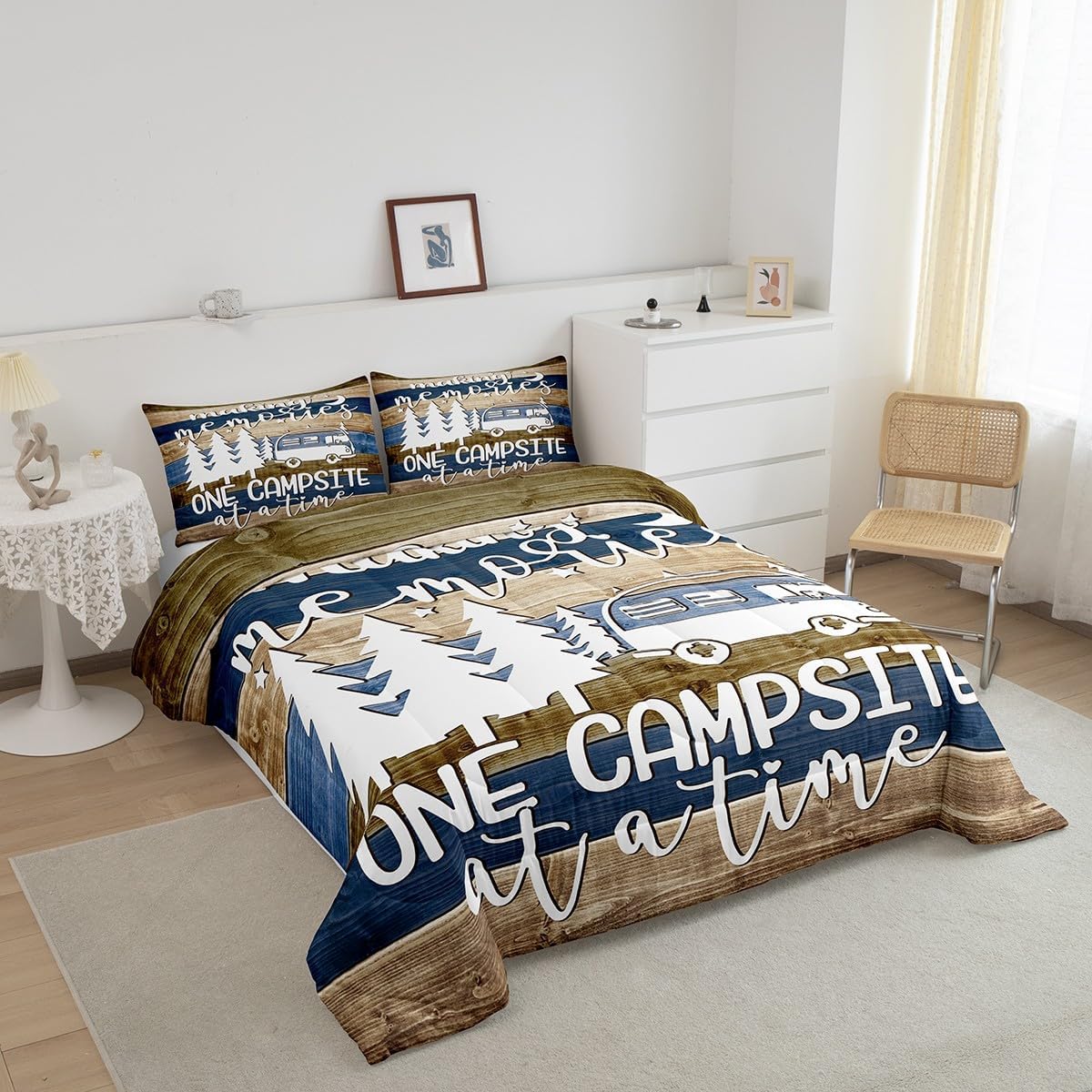 Feelyou Camper Comforter Set Queen Size Comforter for Kids Teens Adults RV Camping Bedding Set Rustic Farmhouse Style Duvet Set Room Decor 3Pcs with 2 Pillow Case