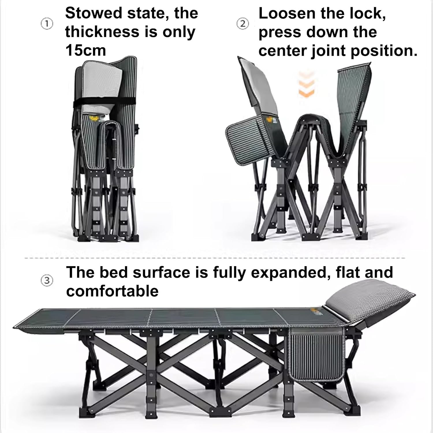 Portable Folding Bed 200kg Capacity, Metal Bed with Side Pockets & Memory Foam Pillows, Ideal for Office Nap, Home Use, Hospital Bedside (190x71x35cm)