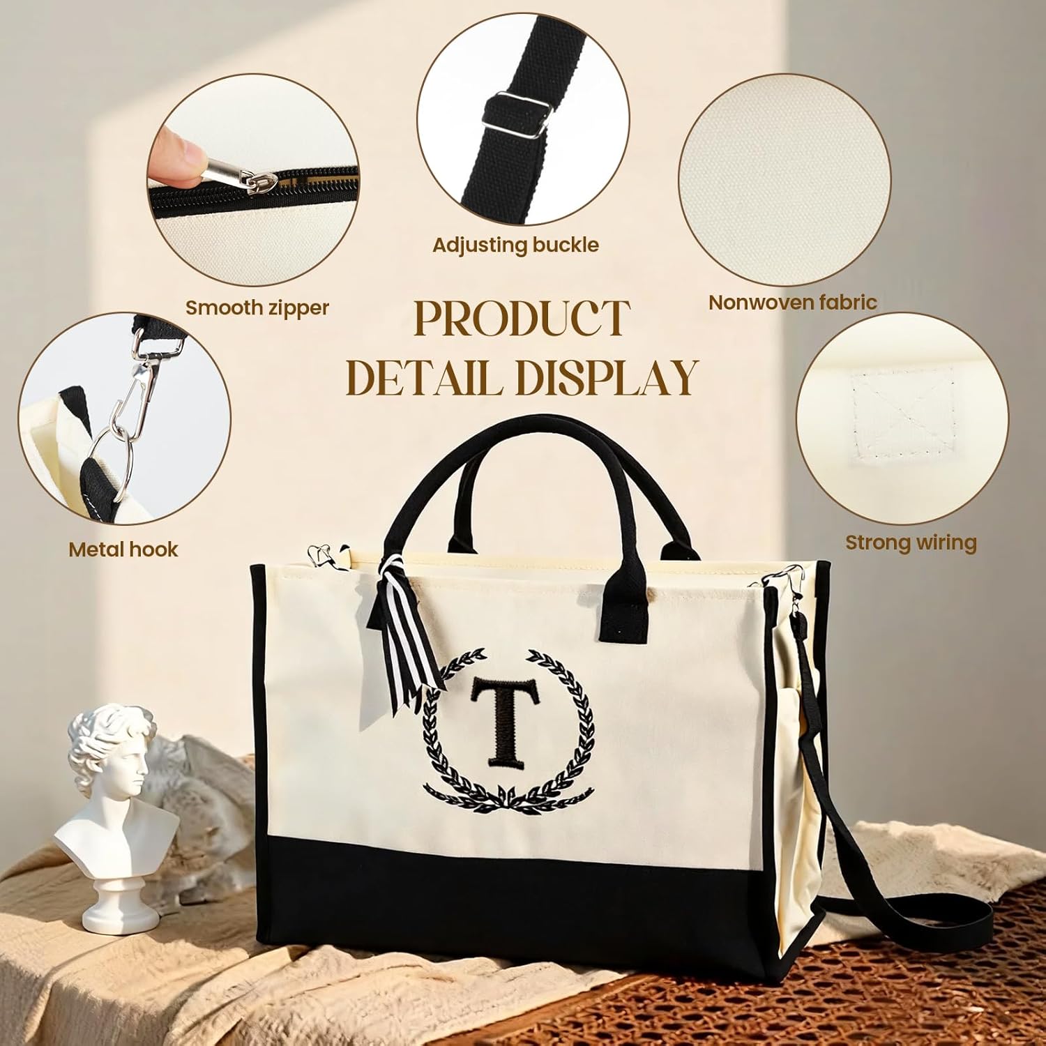 Personalized Canvas Tote Bag for Women Makeup Pouch Initial Beach Bag Removable Bottom Board for Travel Birthday