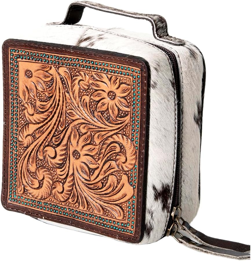 American Darling Jewelry case for Women - Hair-On Cowhide, Hand Tooled Floral Carved Genuine Leather Travel Organizer
