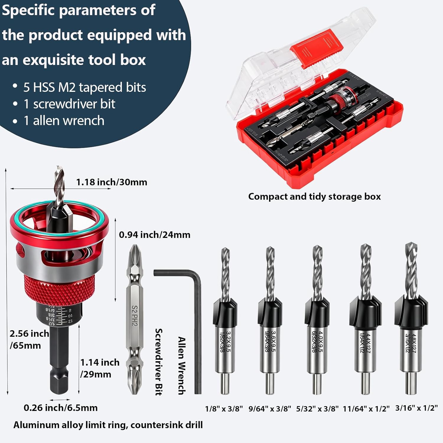 7-Piece Countersink Drill Bit Set - Adjustable Depth Stop Aluminum Alloy Collar,5 HSS M2 Tapered Bits,a Wrench,a Screwdriver Bit,1/4" Hex Shank Uniform Drilling Kit for 82°Woodworking