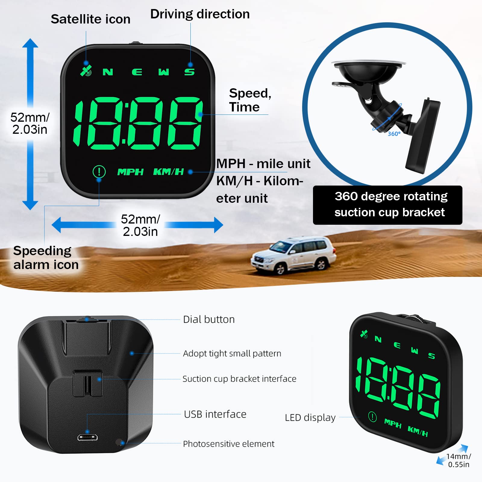 Car HUD GPS Smart Tachimetro Display KMH/MPH, iKiKin 2.0'' Display LCD con Avviso di Fatica Navigazione Bussola Avviso di Velocità per Tutti i Veicoli（Verde）