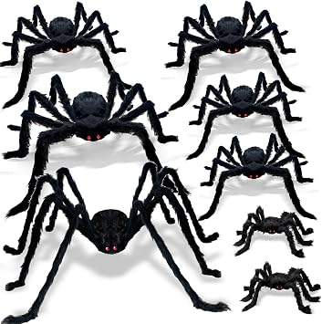 ZMCINER 8 Pcs Large Spiders Halloween Decorations - Outdoor Realistic Scary Hairy Spiders 8 Pcs in Different Sizes