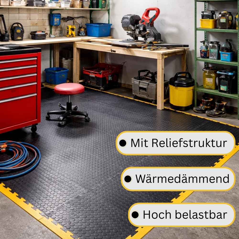 10x Klickfliesen Bodenplatte Kunststoff Garage Garagenboden Klickfliesen Werkstattboden PVC Fliesen Garage Industrieboden Platten Gewerbeboden Fliesen Noppen Schwarz